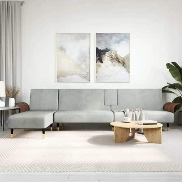 Sovesofa med chaiselong 279x140x70 cm velour lysegrå